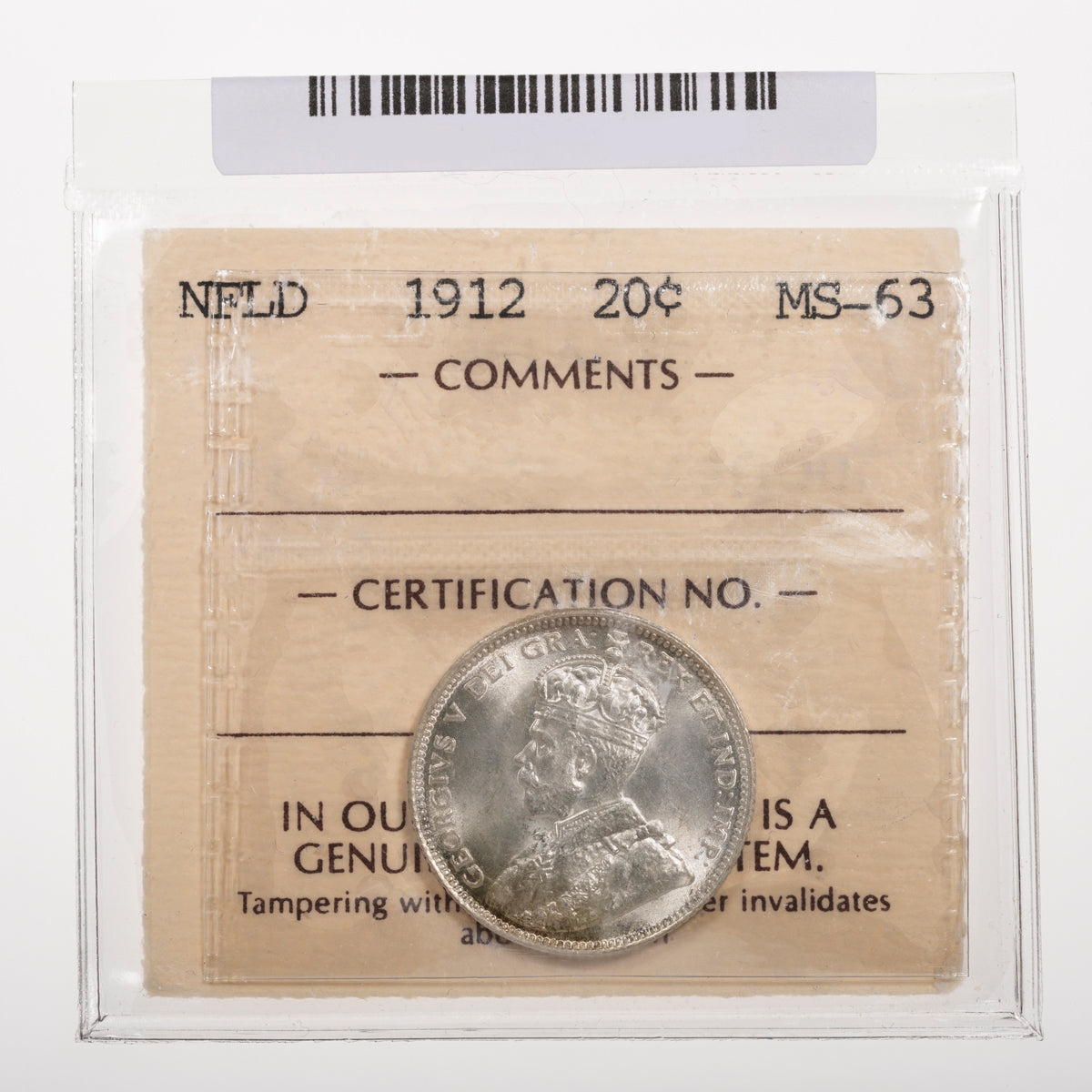 NFLD 20 Cent 1912 ICCS MS-63