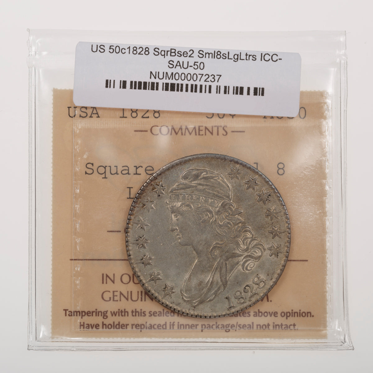 US 50 Cent 1828 Square Base 2, Small 8's, Large Letters ICCS AU-50