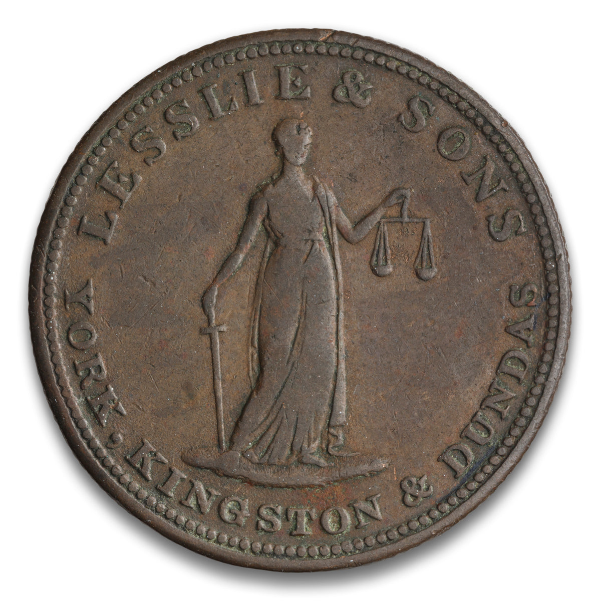 Lesslie & Sons York, Kingston & Dundas Base 1/2 Penny Token 1828