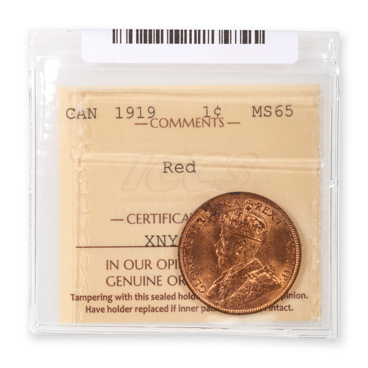 1 Cent 1919 Red ICCS MS-65