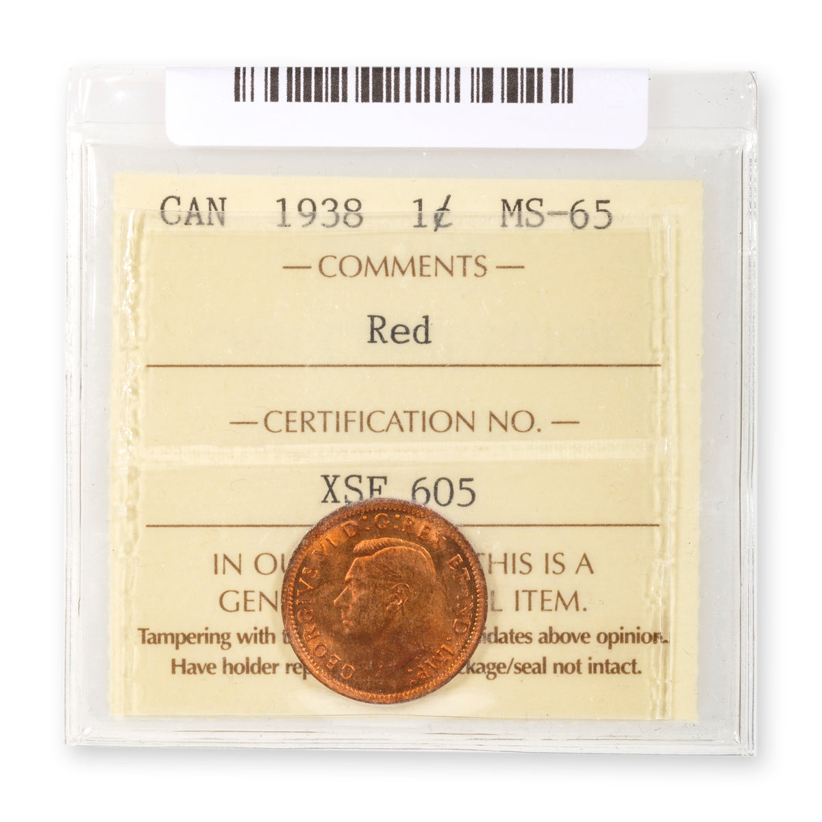 1 Cent 1938 Red ICCS MS-65