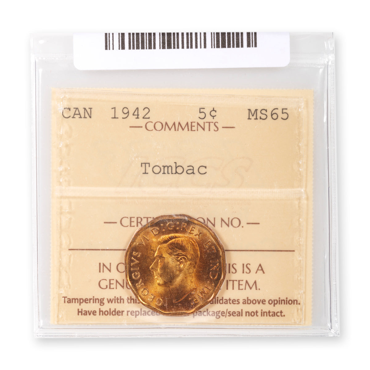5 Cent 1942 Tombac ICCS MS-65