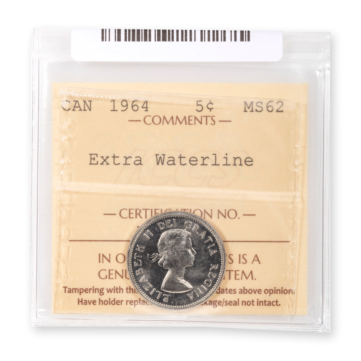 5 Cent 1964 Extra Waterline ICCS MS-62
