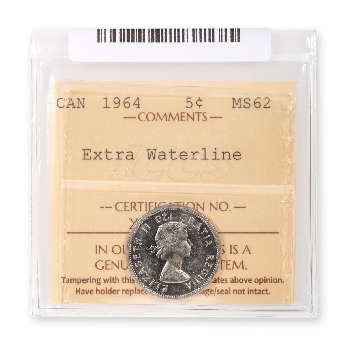 5 Cent 1964 Extra Waterline ICCS MS-62