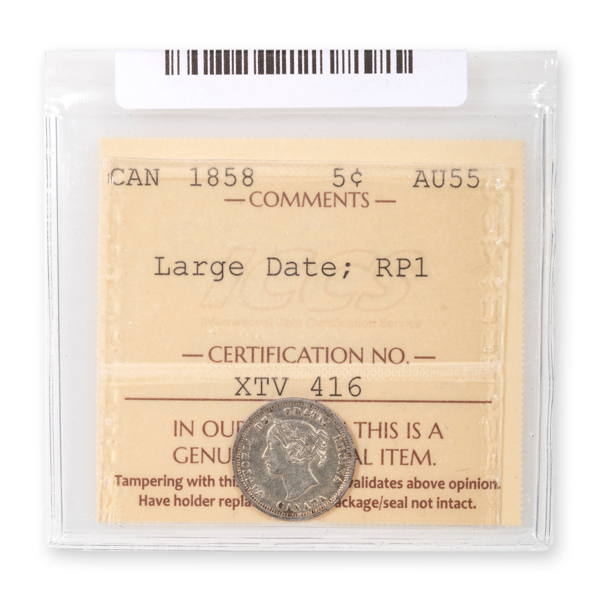 5 Cent 1858 Large Date; RP1 ICCS AU-55