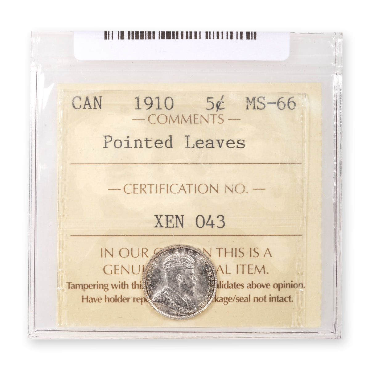 5 Cent 1910 Pointed Leaves ICCS MS-66