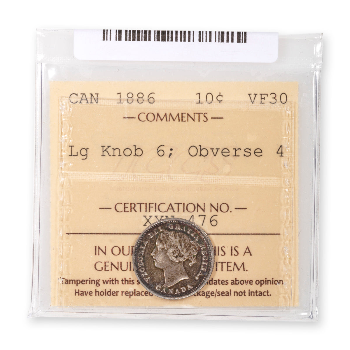 10 Cent 1886 Lg Knob; Obverse 4 ICCS VF-30