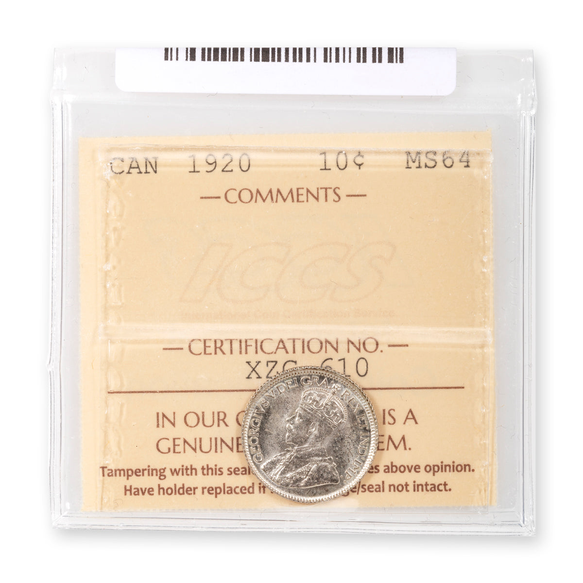 10 Cent 1920 ICCS MS-64