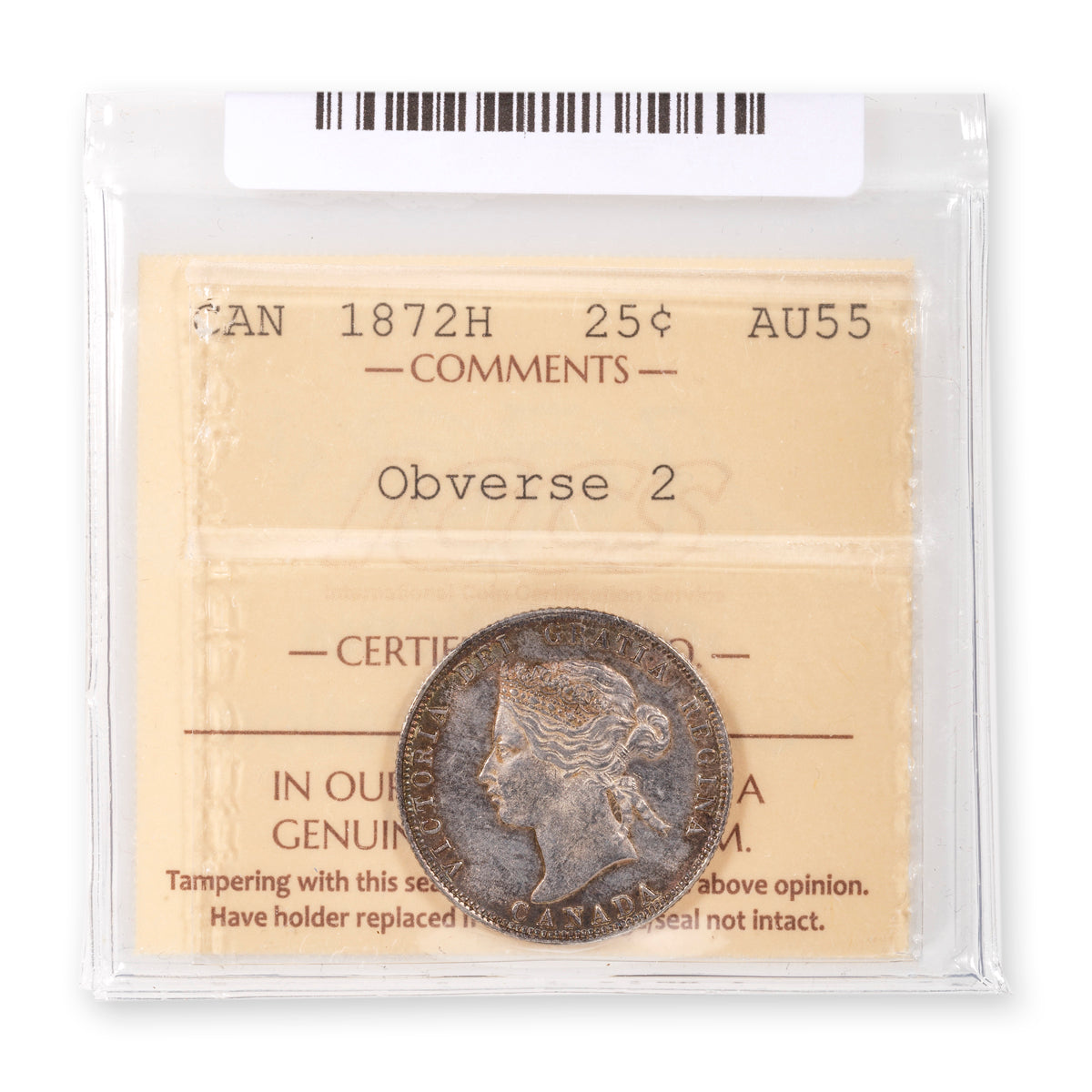 25 Cent 1872H Obverse 2 ICCS AU-55