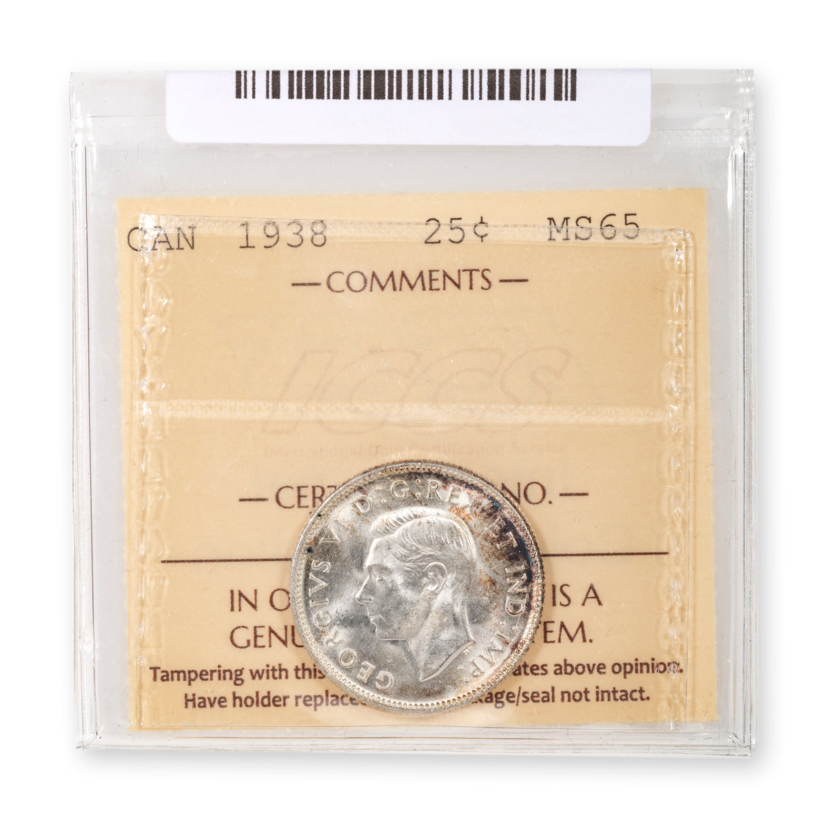 25 Cent 1938 ICCS MS-65
