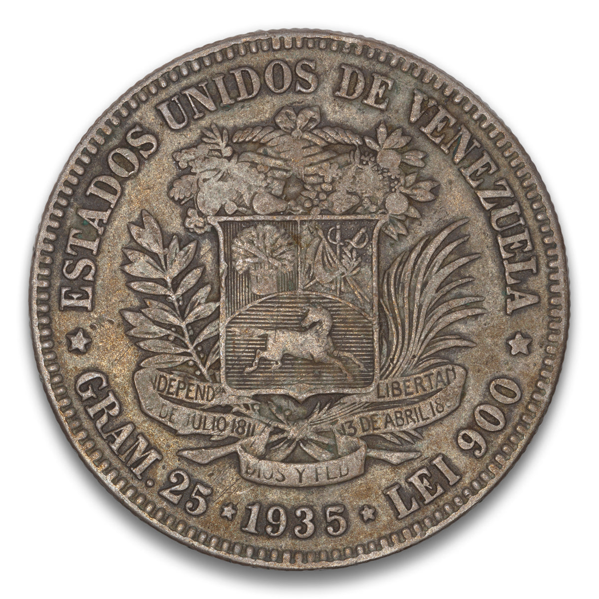 Venezuela Silver 5 Bolivares 1935