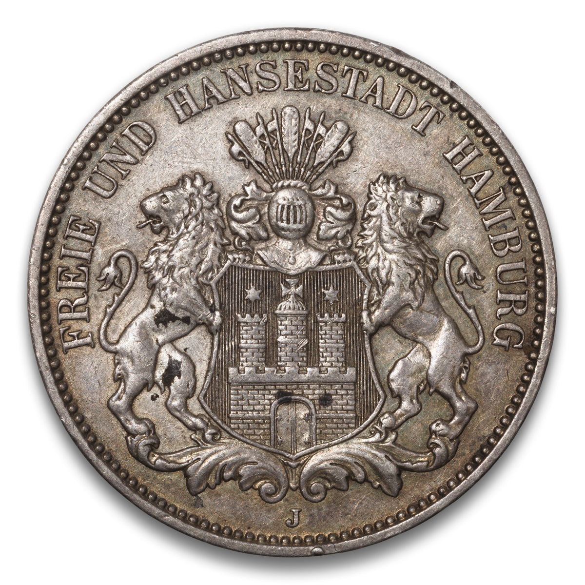 Hamburg German State Silver 3 Mark 1913 J