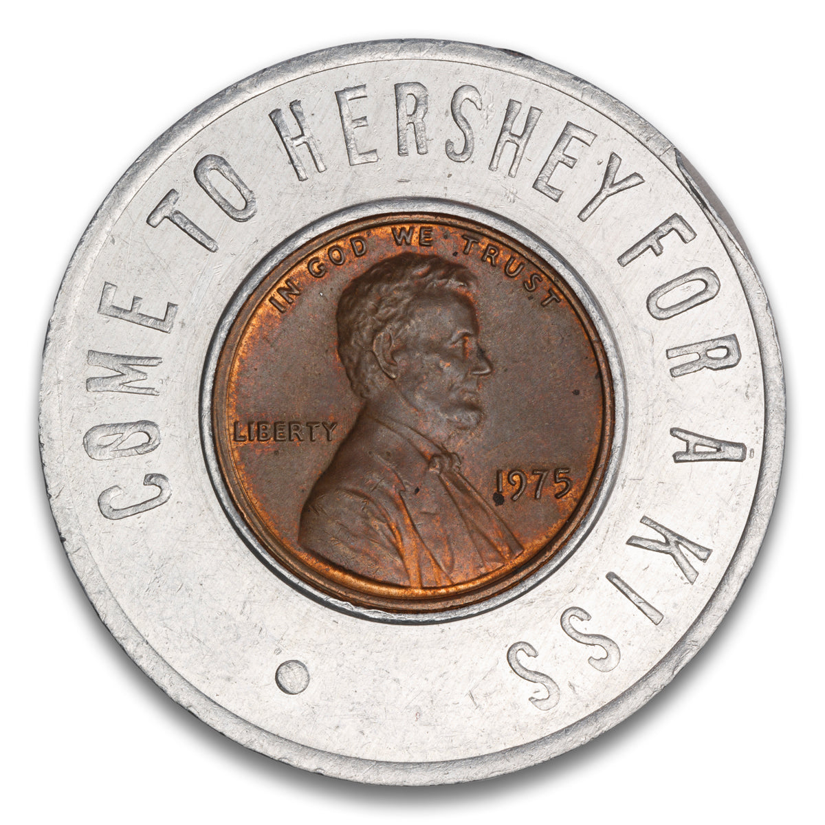 Come to Hershey for a Kiss Zembo OB Jamboree Base encased US cent 1978