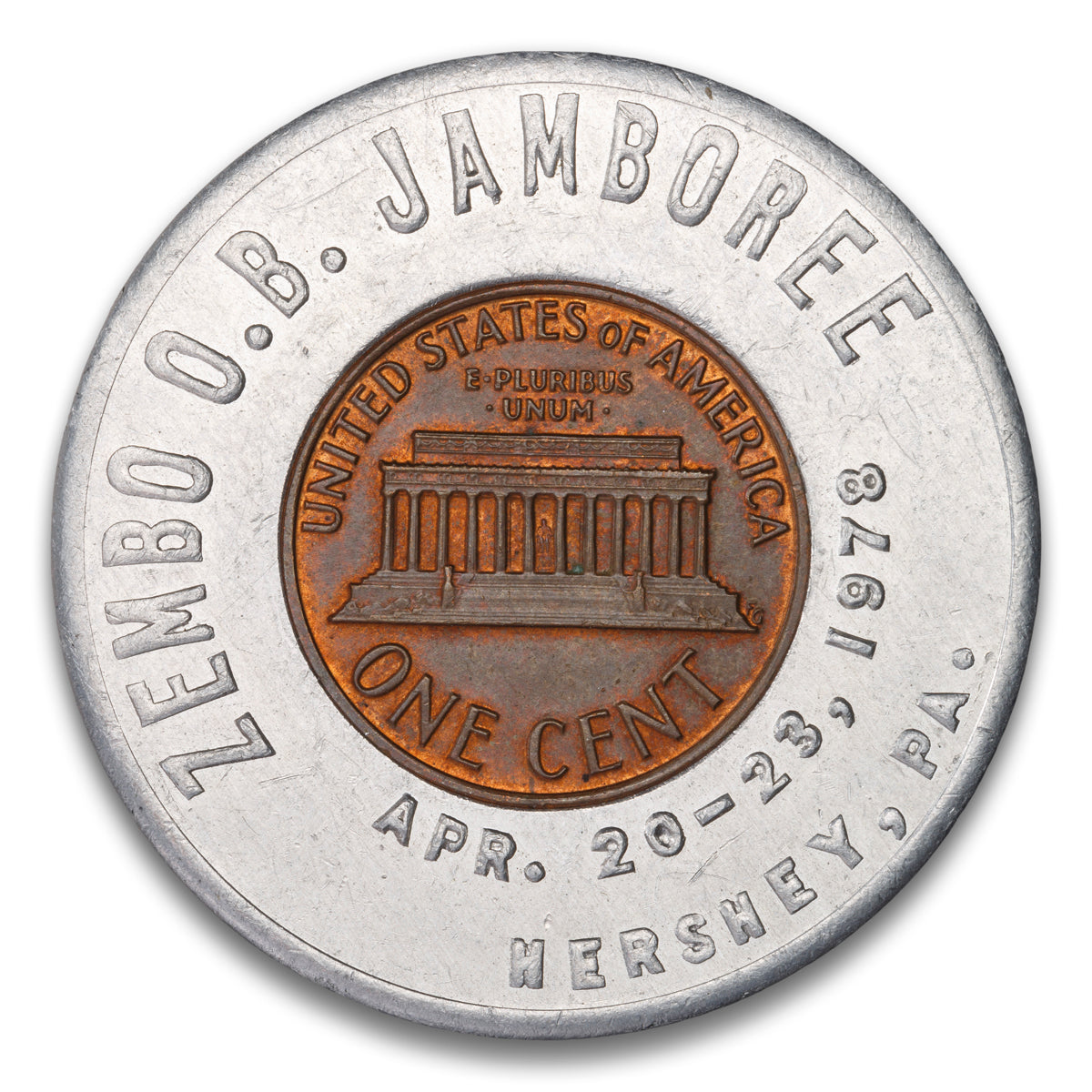 Come to Hershey for a Kiss Zembo OB Jamboree Base encased US cent 1978