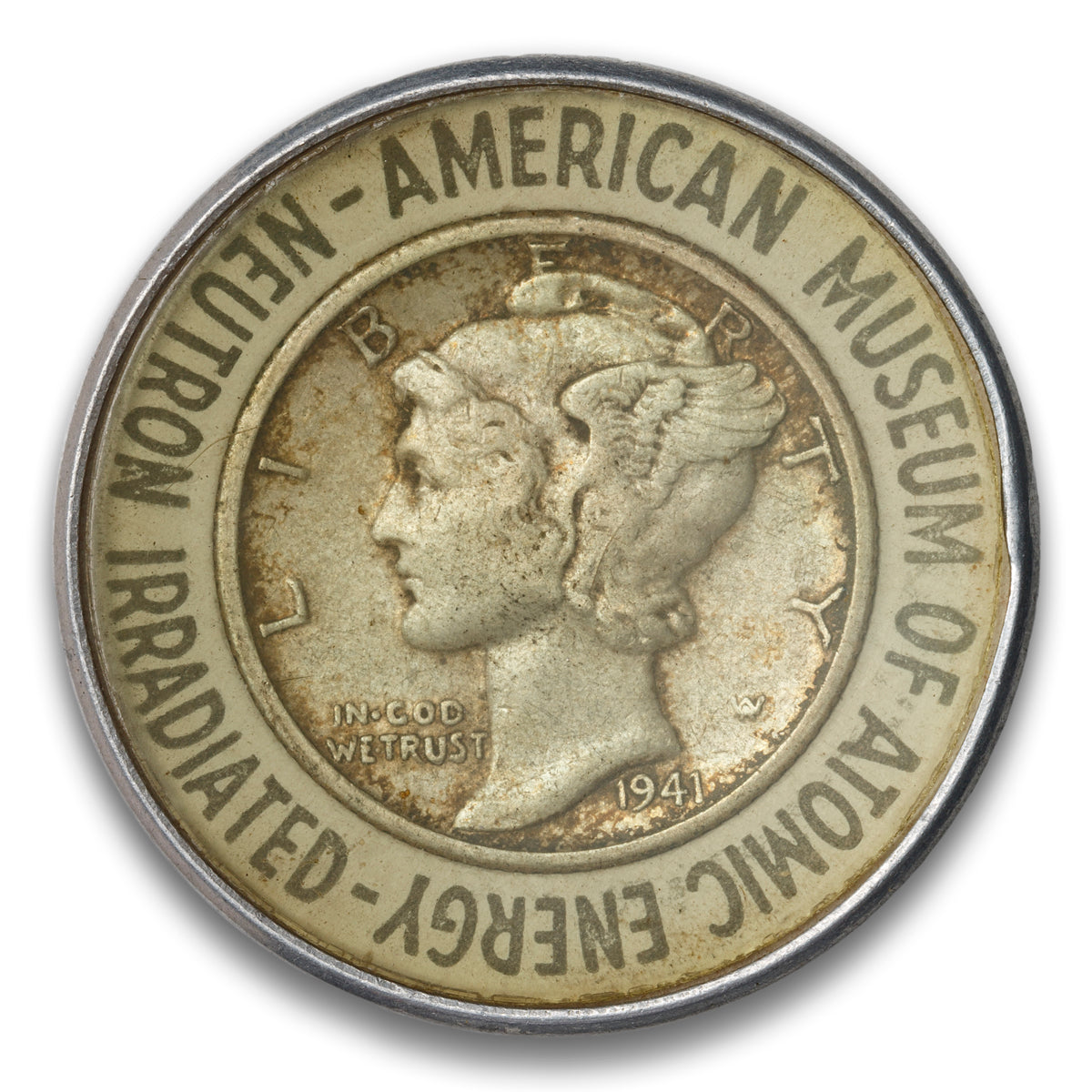 Neutron Irradiated American Museum of Atomic Energy Silver encased US dime 1941