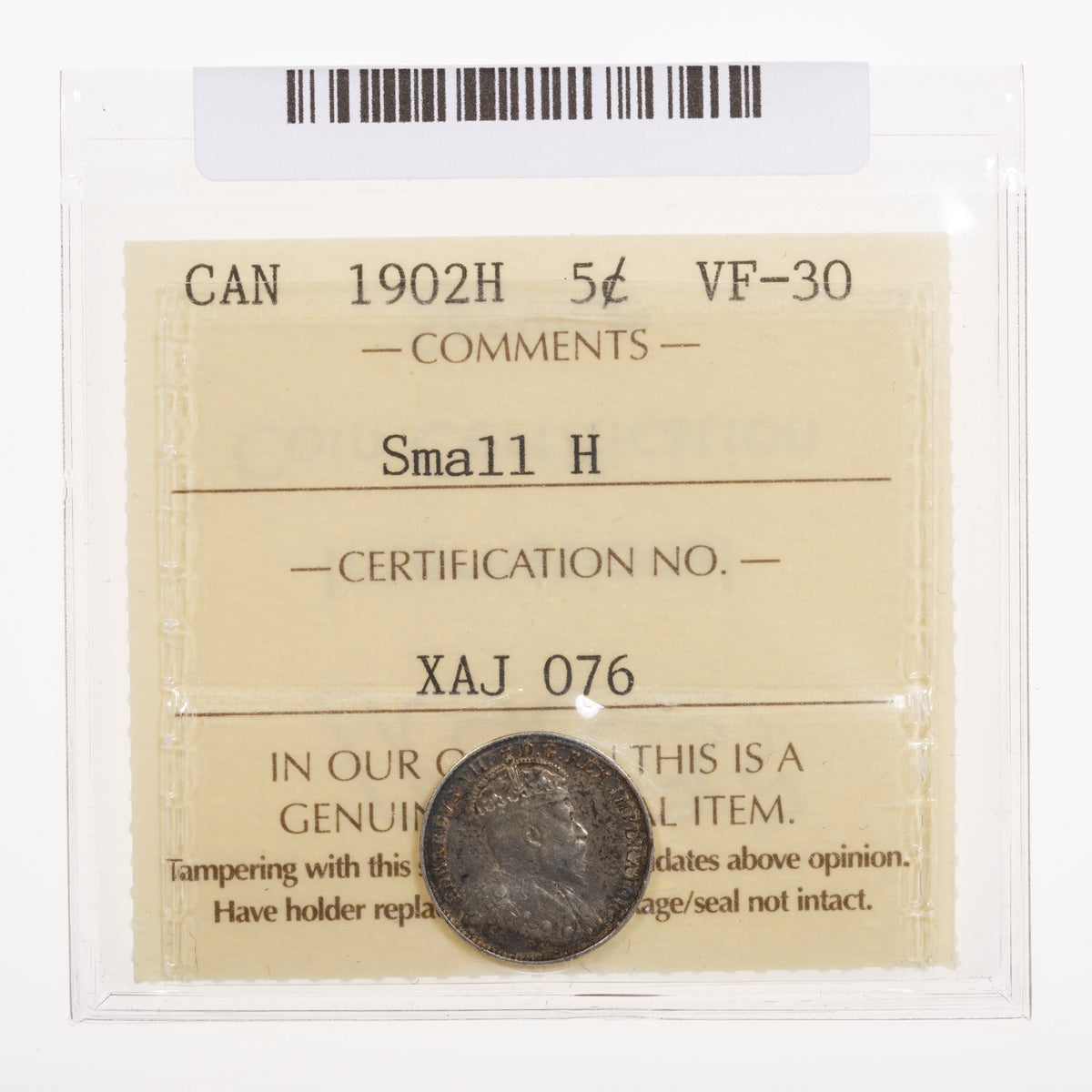 5 Cent 1902H Small H ICCS VF-30