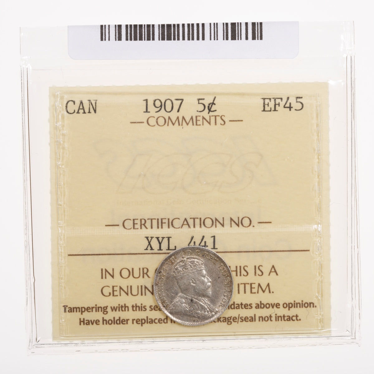 5 Cent 1907 Narrow Date ICCS EF-45