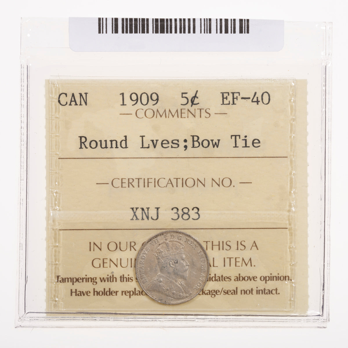 5 Cent 1909 Round Leaves; Bow Tie ICCS EF-40