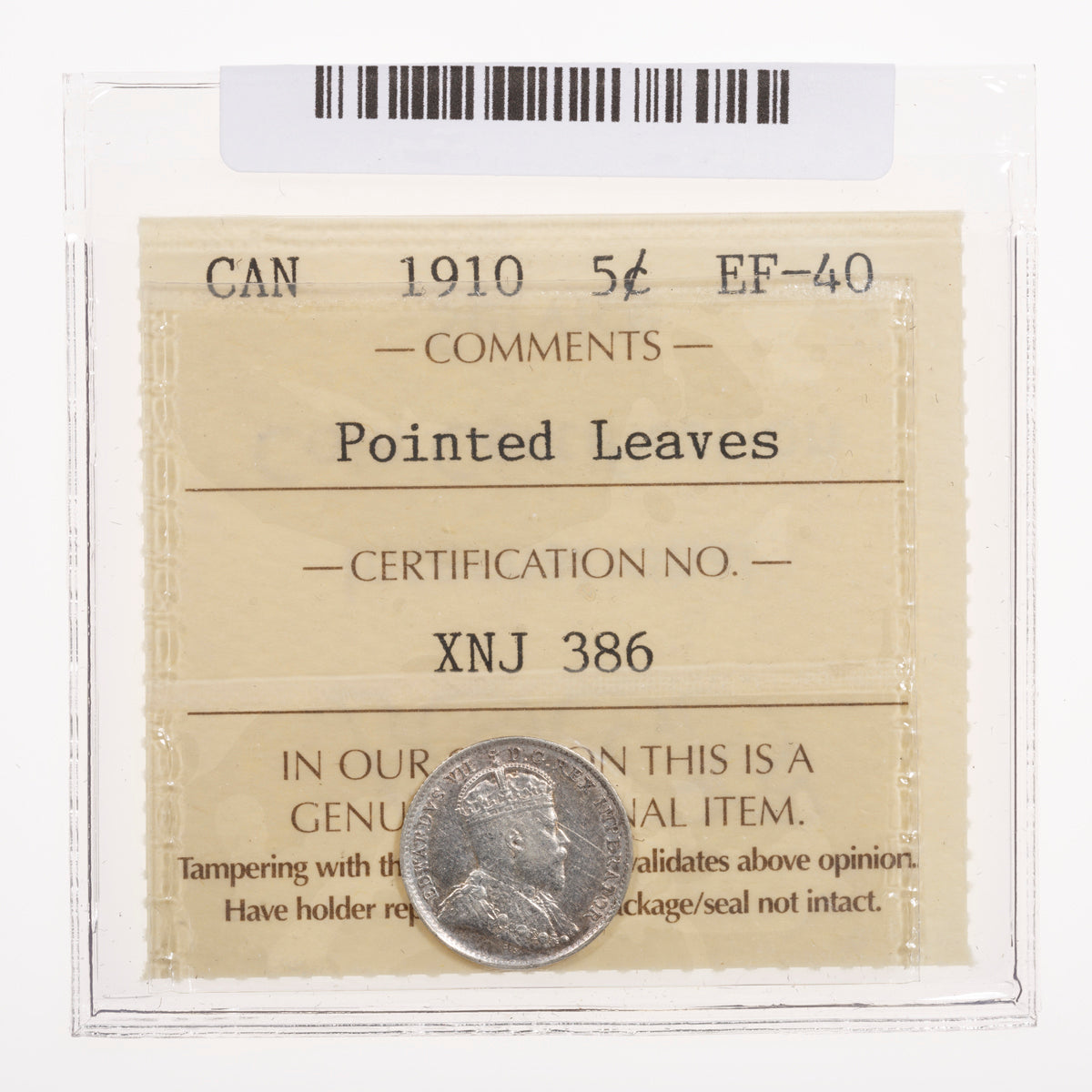 5 Cent 1910 Pointed Leaves ICCS EF-40