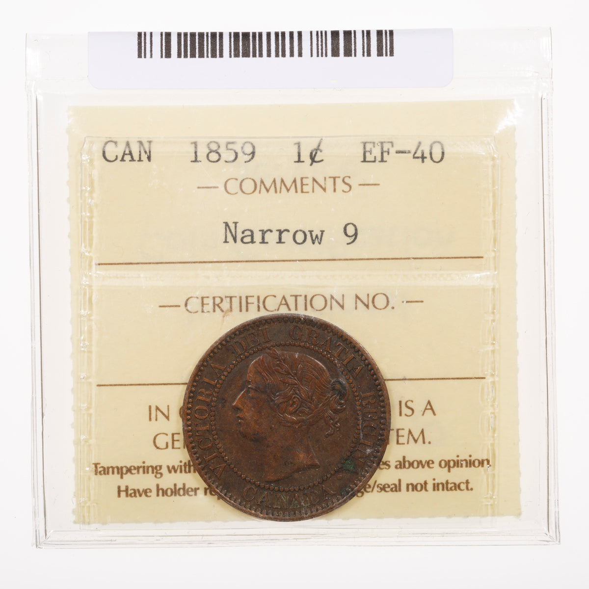 1 Cent 1859 Narrow 9 ICCS EF-40