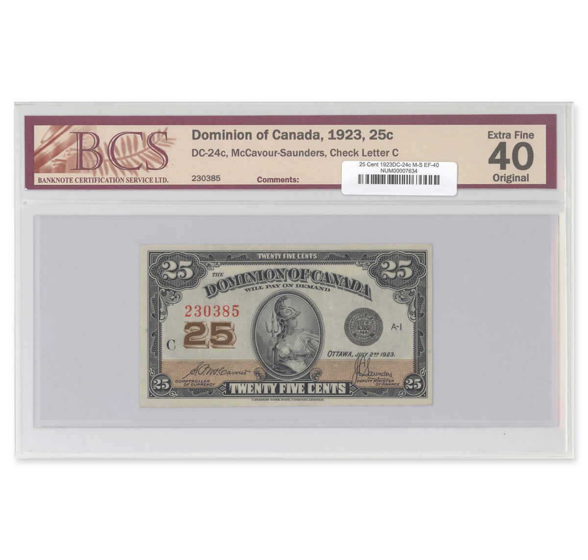 25 Cent 1923 DC-24c McCavour-Saunders BCS EF-40