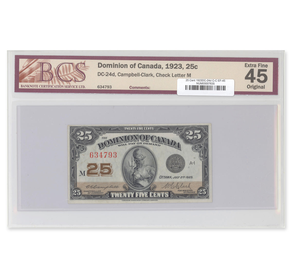 25 Cent 1923 DC-24d Campbell-Clark BCS EF-45