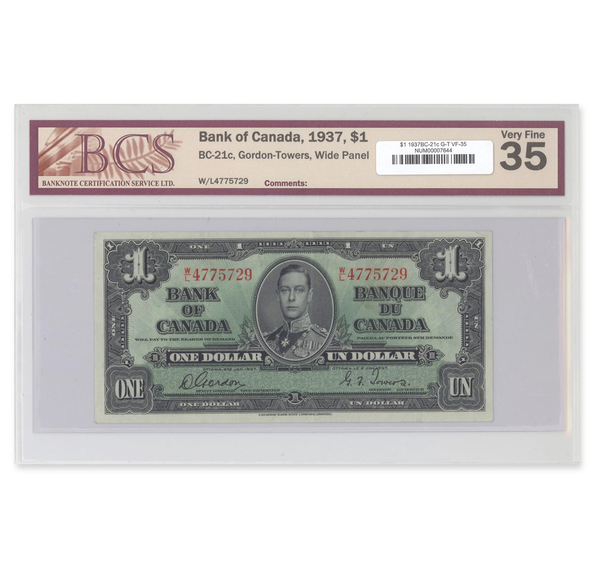 $1 1937 BC-21c Gordon-Towers Prefix W/L BCS VF-35