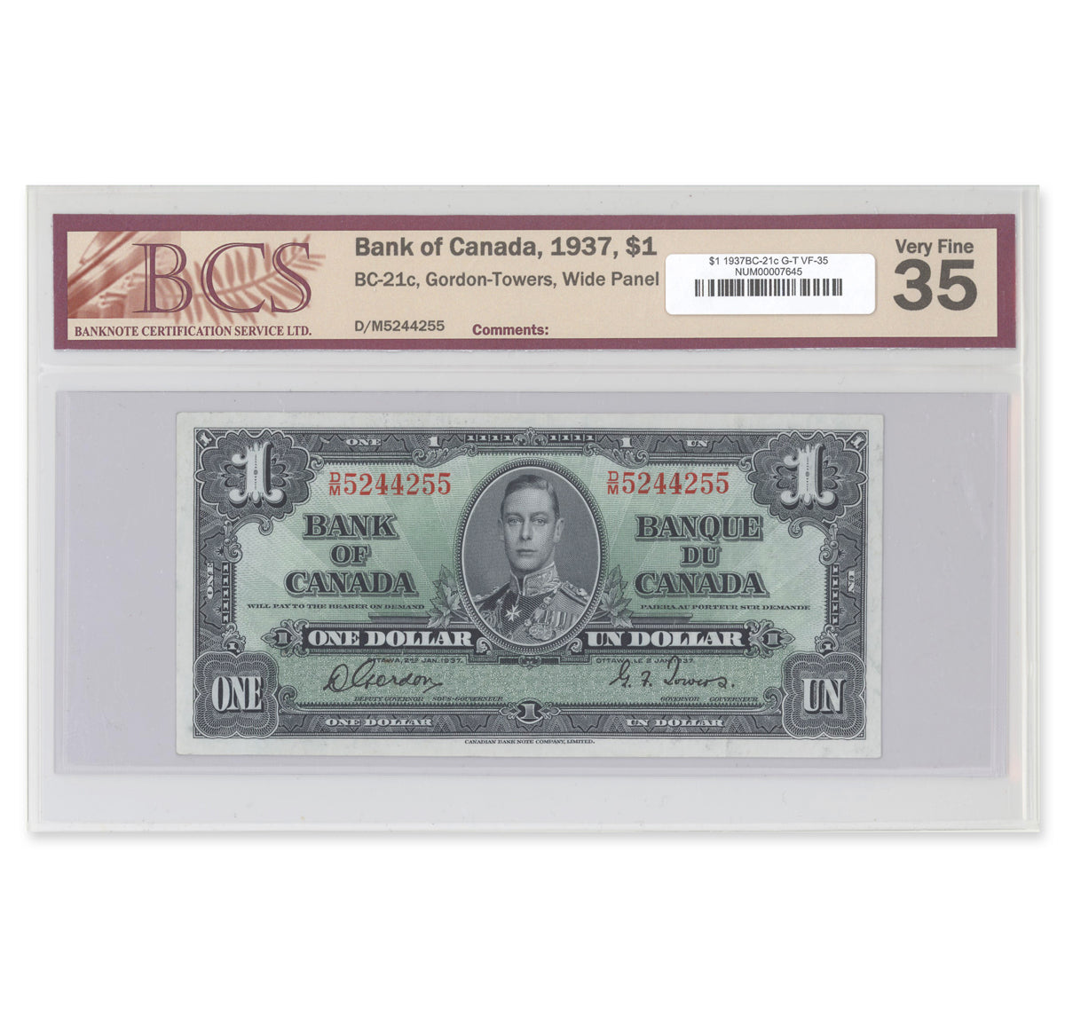 $1 1937 BC-21c Gordon-Towers Prefix D/M BCS VF-35