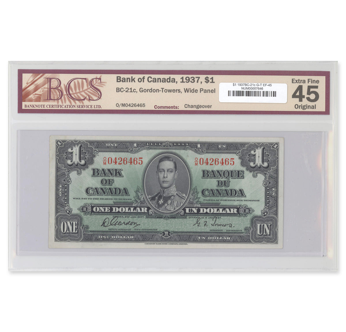 $1 1937 BC-21c Gordon-Towers Prefix O/M BCS EF-45