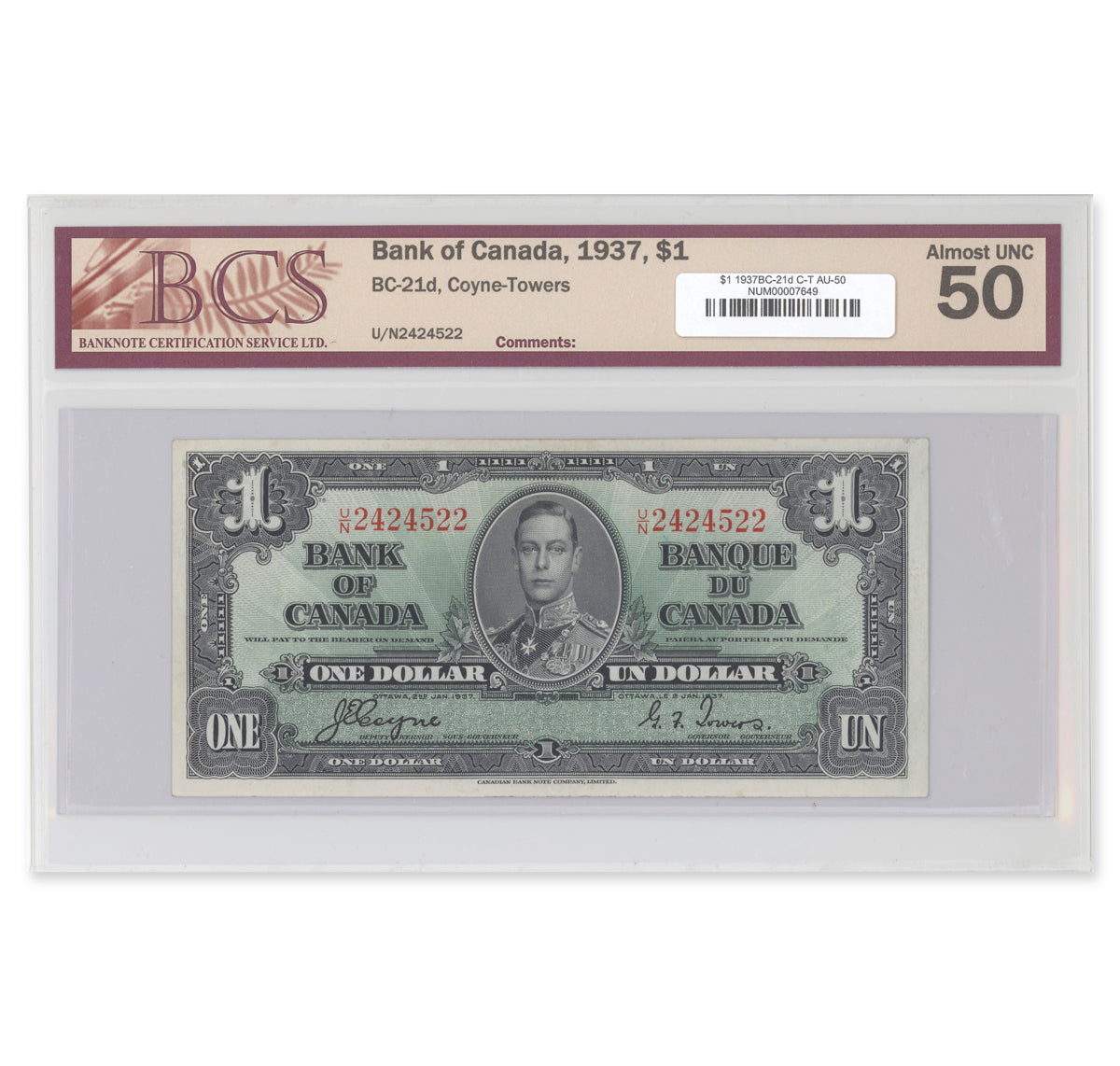 $1 1937 BC-21d Coyne-Towers Prefix U/N BCS AU-50