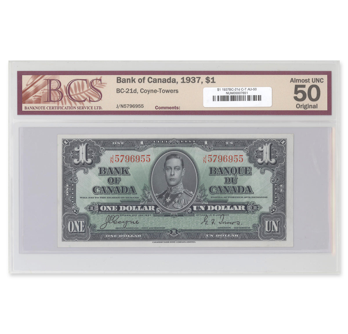 $1 1937 BC-21d Coyne-Towers Prefix J/N BCS AU-50