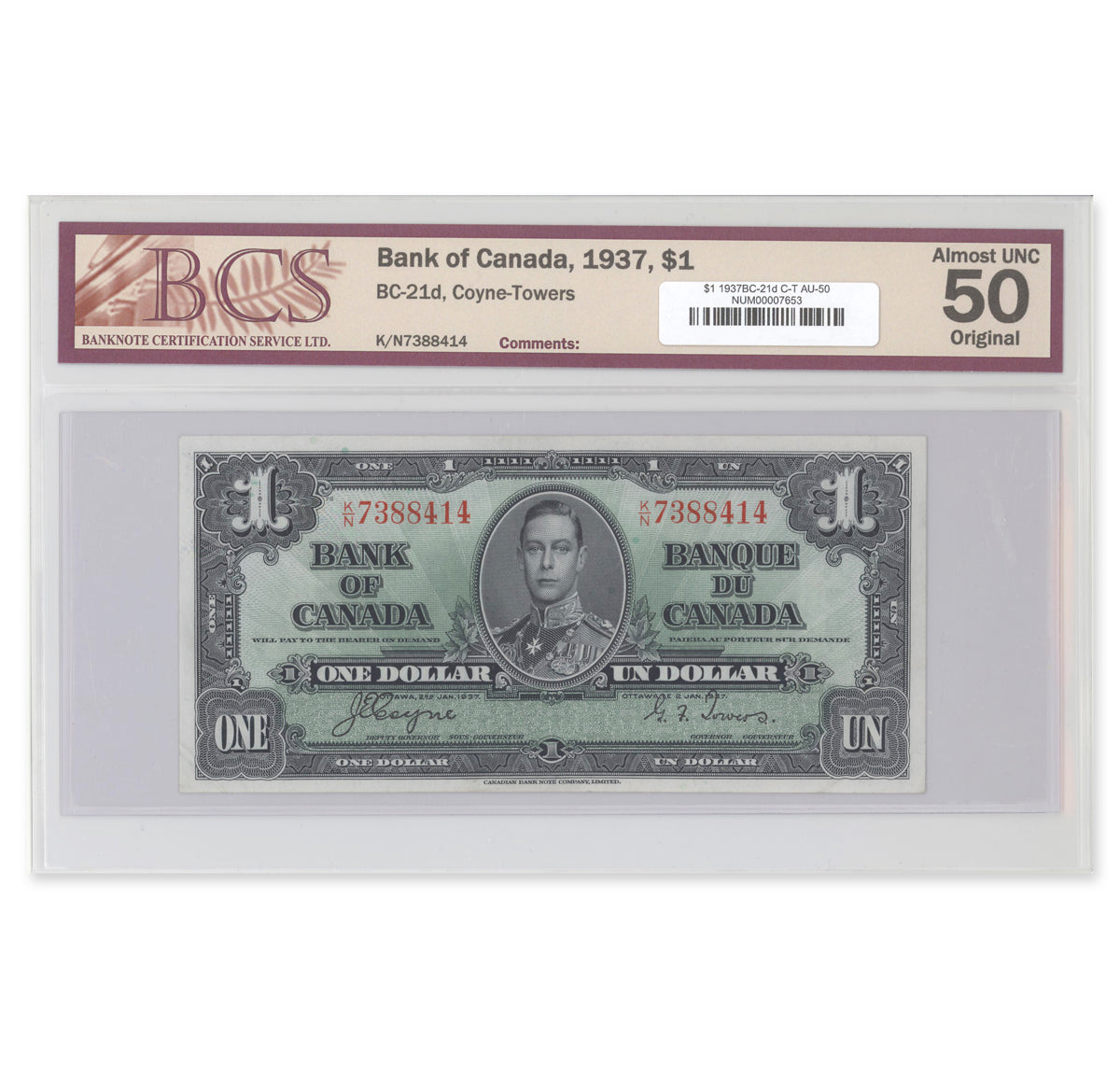 $1 1937 BC-21d Coyne-Towers Prefix K/N BCS AU-50