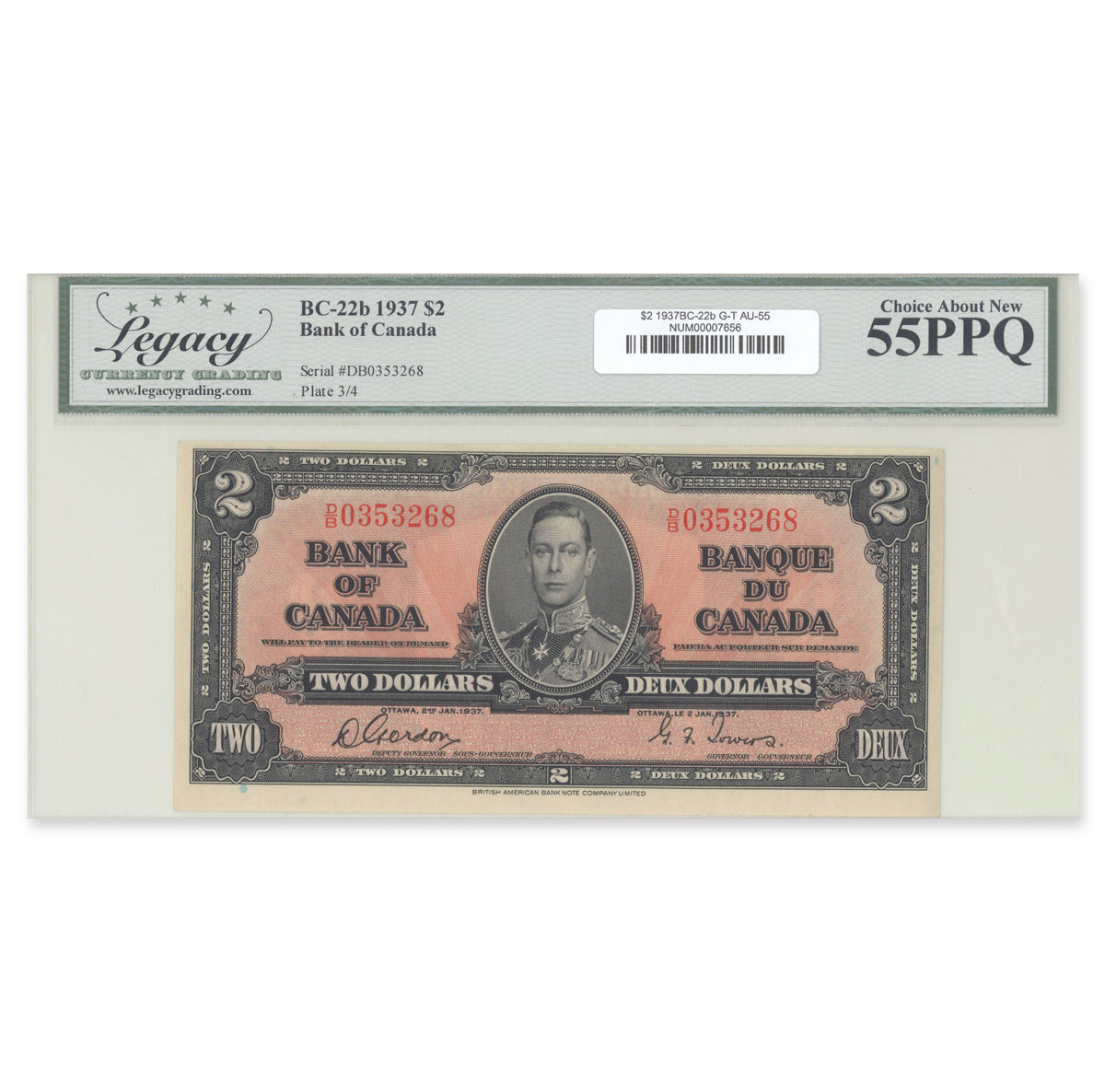 $2 1937 BC-22b Gordon-Towers Prefix D/B Legacy AU-55