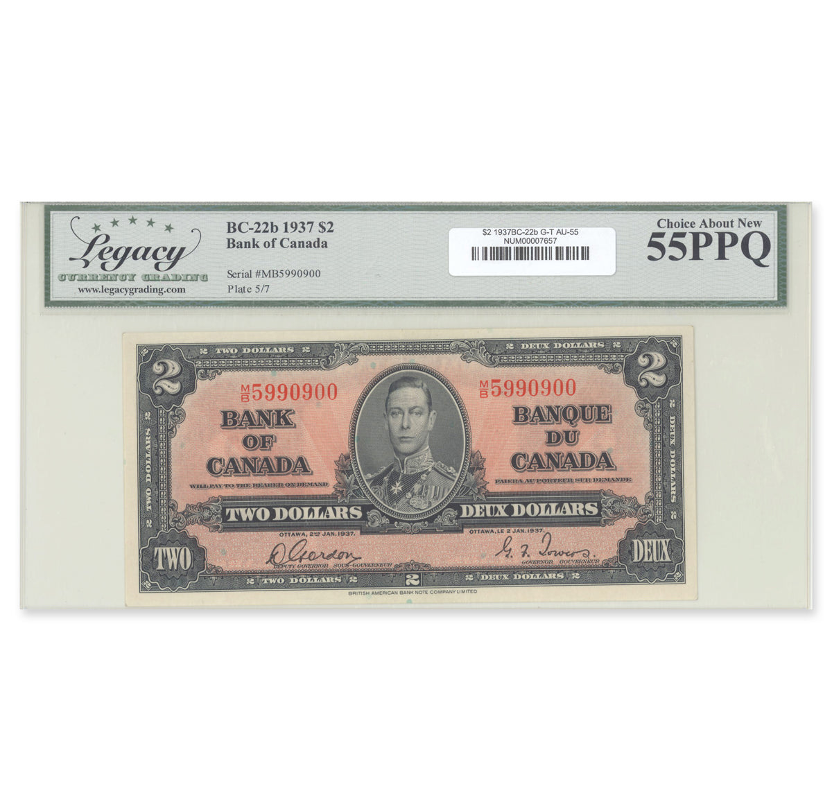 $2 1937 BC-22b Gordon-Towers Prefix M/B Legacy AU-55