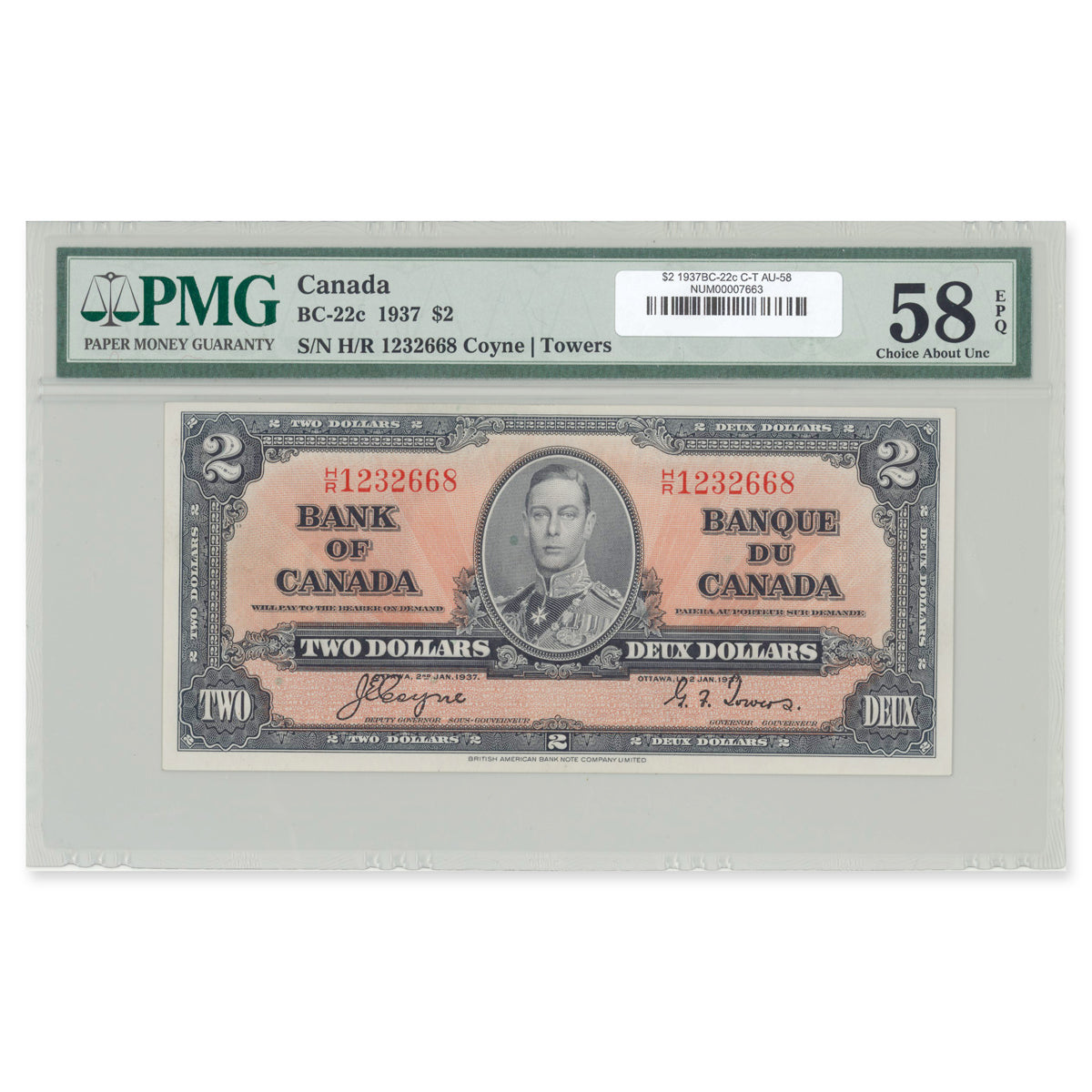 $2 1937 BC-22c Coyne-Towers Prefix H/R PMG AU-58