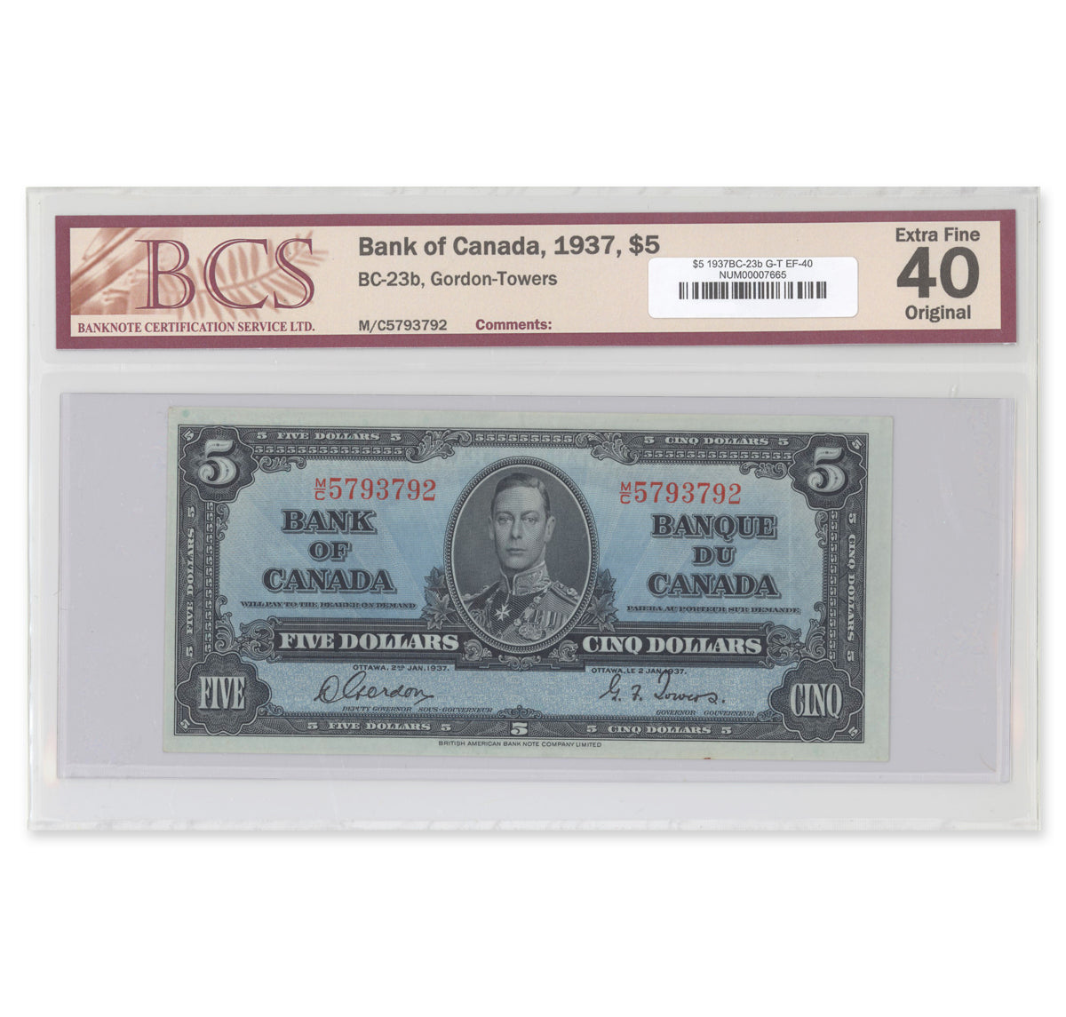 $5 1937 BC-23b Gordon-Towers Prefix M/C BCS EF-40