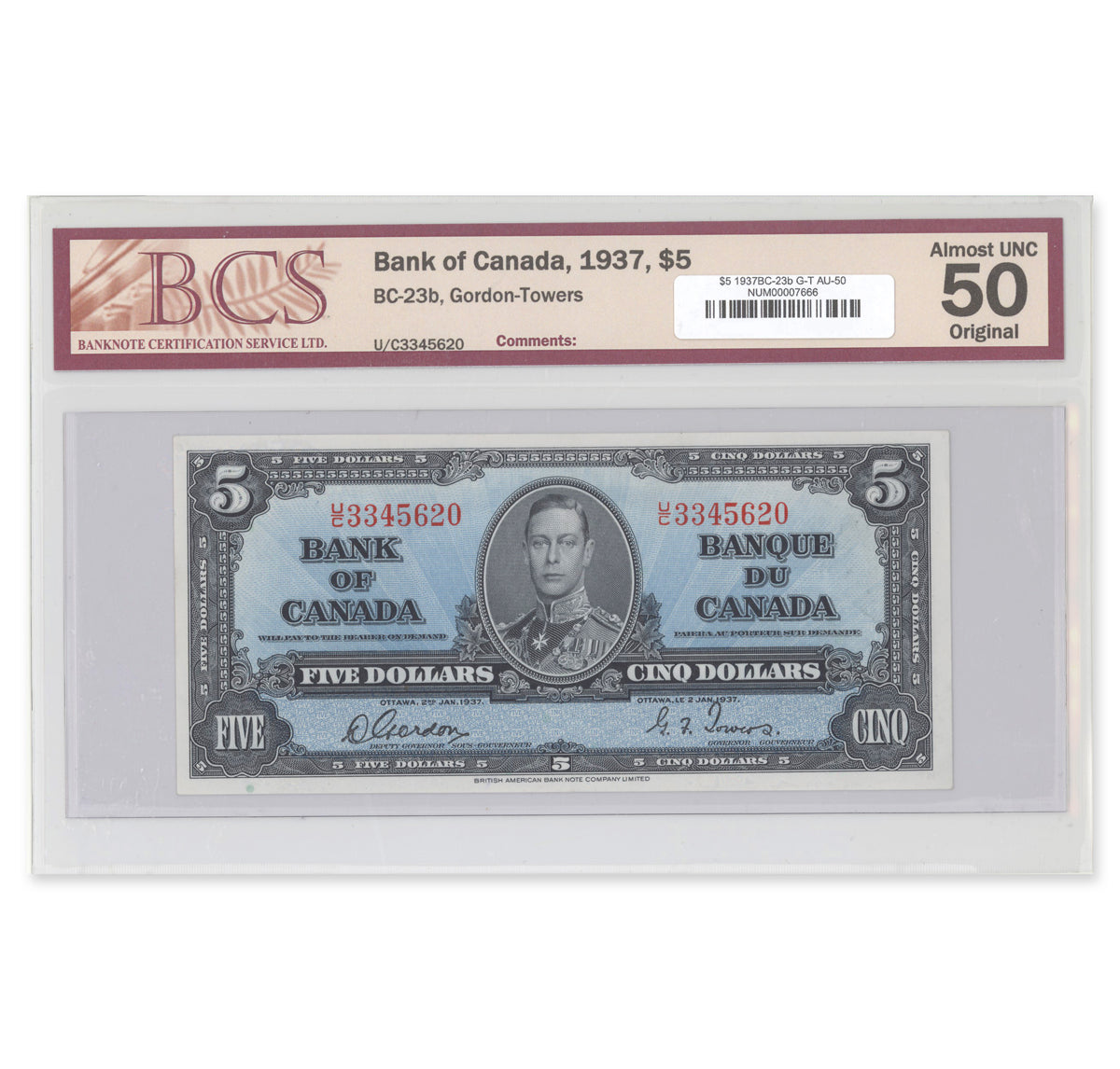 $5 1937 BC-23b Gordon-Towers Prefix U/C BCS AU-50