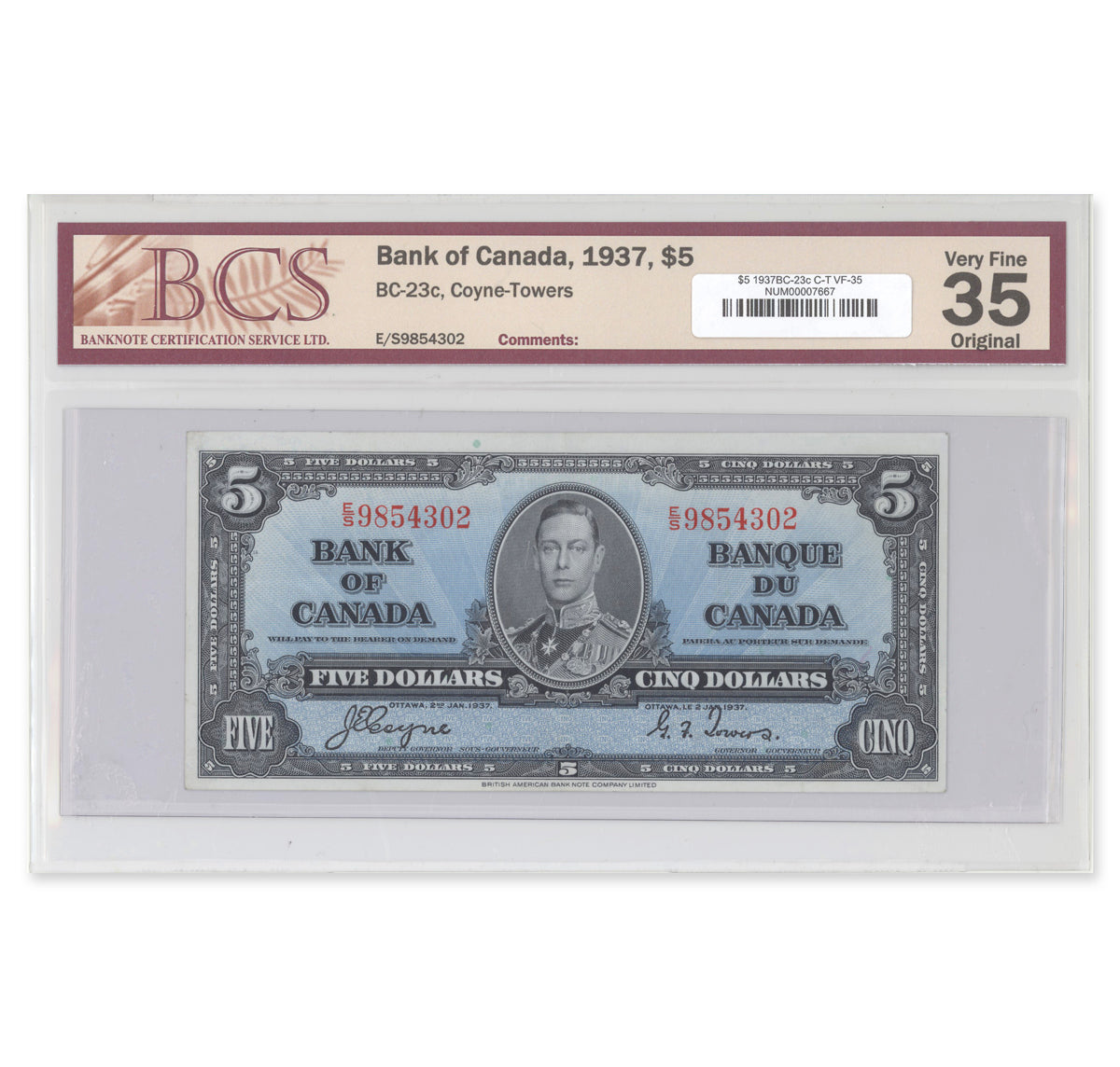 $5 1937 BC-23c Coyne-Towers Prefix E/S BCS VF-35