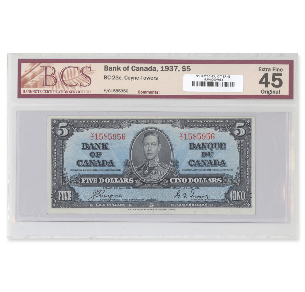$5 1937 BC-23c Coyne-Towers Prefix Y/C BCS EF-45