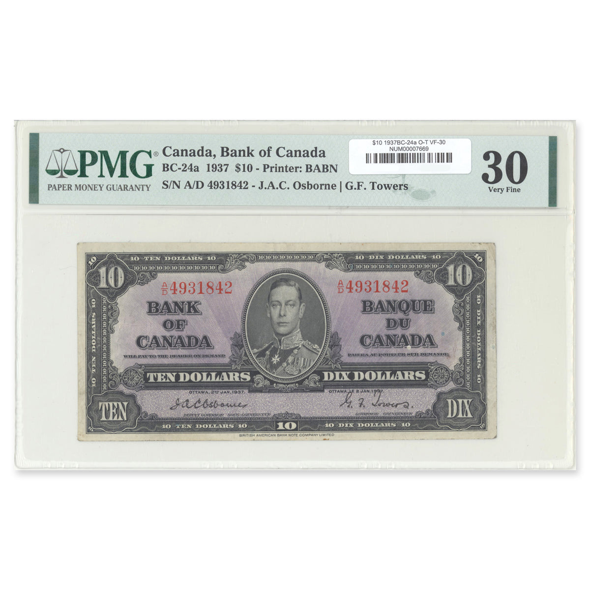 $10 1937 BC-24a Osborne-Towers Prefix A/D PMG VF-30