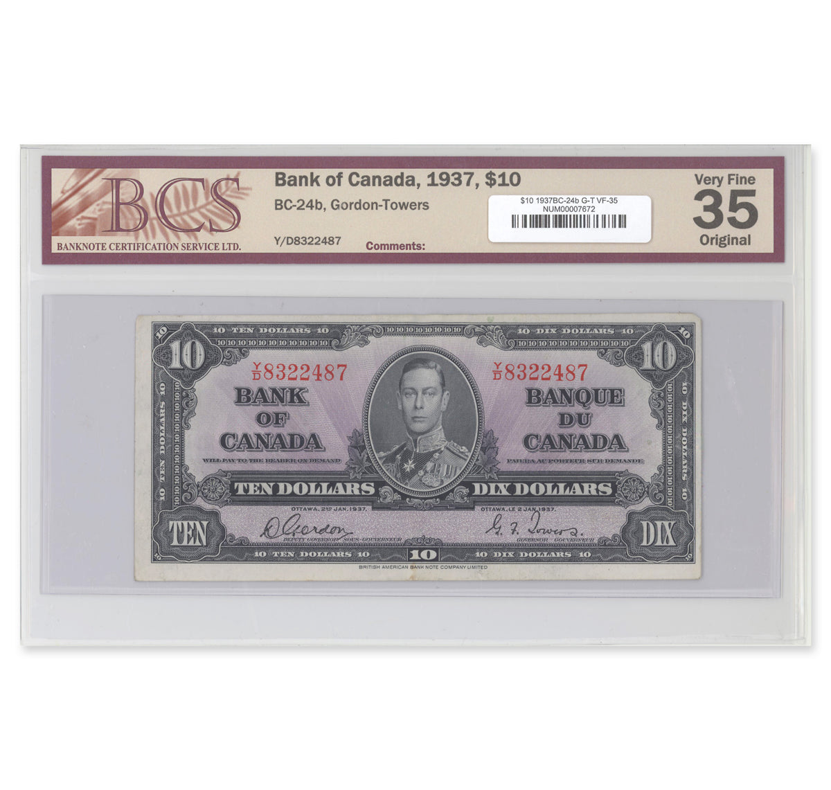 $10 1937 BC-24b Gordon-Towers Prefix Y/D BCS VF-35