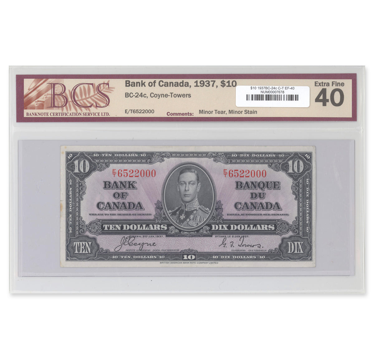 $10 1937 BC-24c Coyne-Towers Prefix E/T BCS EF-40