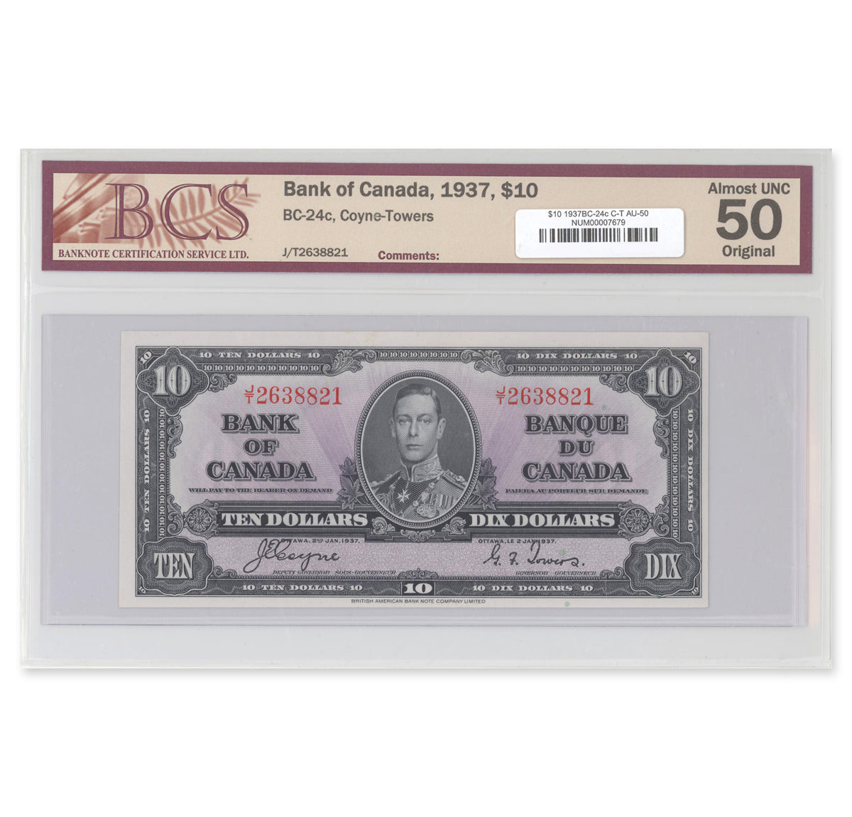 $10 1937 BC-24c Coyne-Towers Prefix J/T BCS AU-50