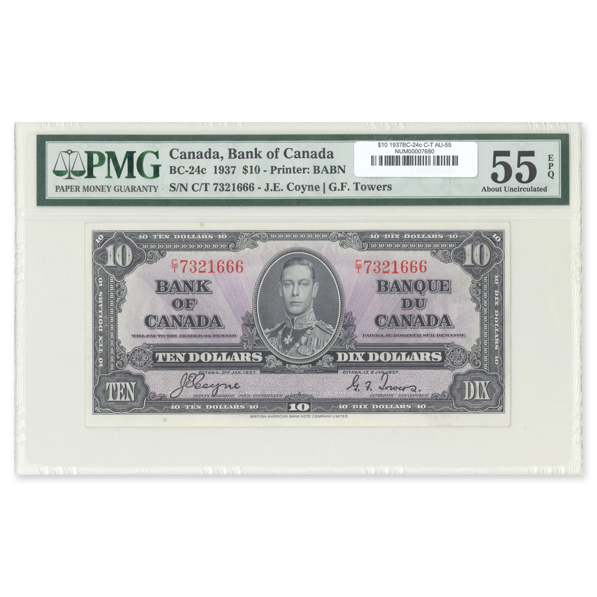 $10 1937 BC-24c Coyne-Towers Prefix C/T PMG AU-55