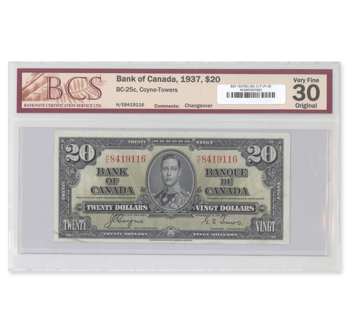 $20 1937 BC-25c Coyne-Towers Prefix H/E BCS VF-30