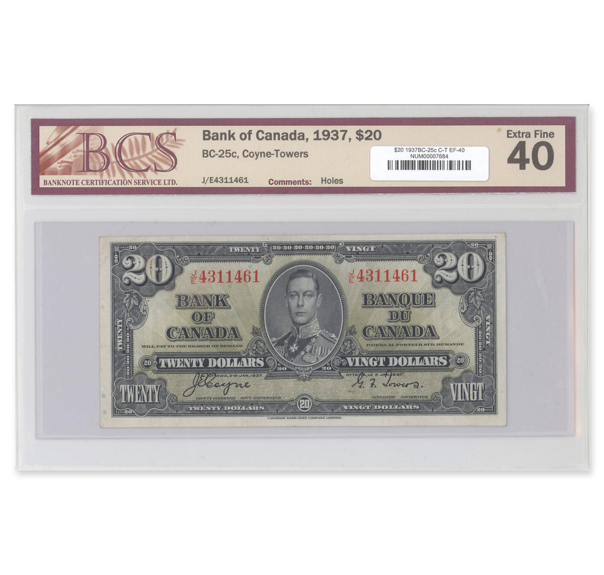 $20 1937 BC-25c Coyne-Towers Prefix J/E BCS EF-40