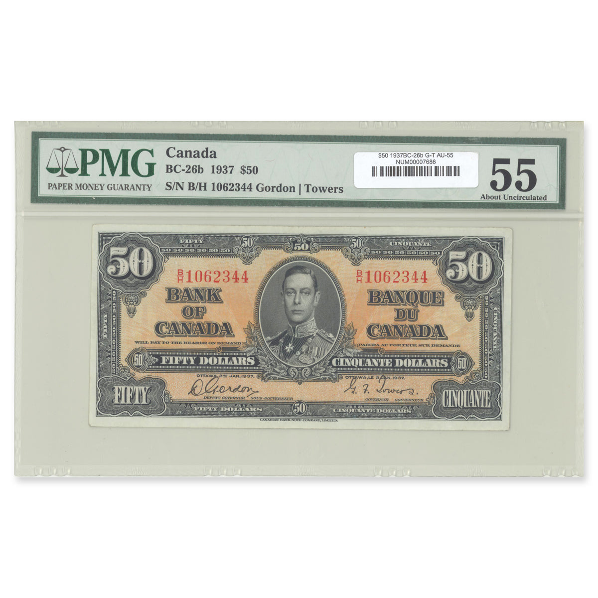 $50 1937 BC-26b Gordon-Towers Prefix B/H PMG AU-55