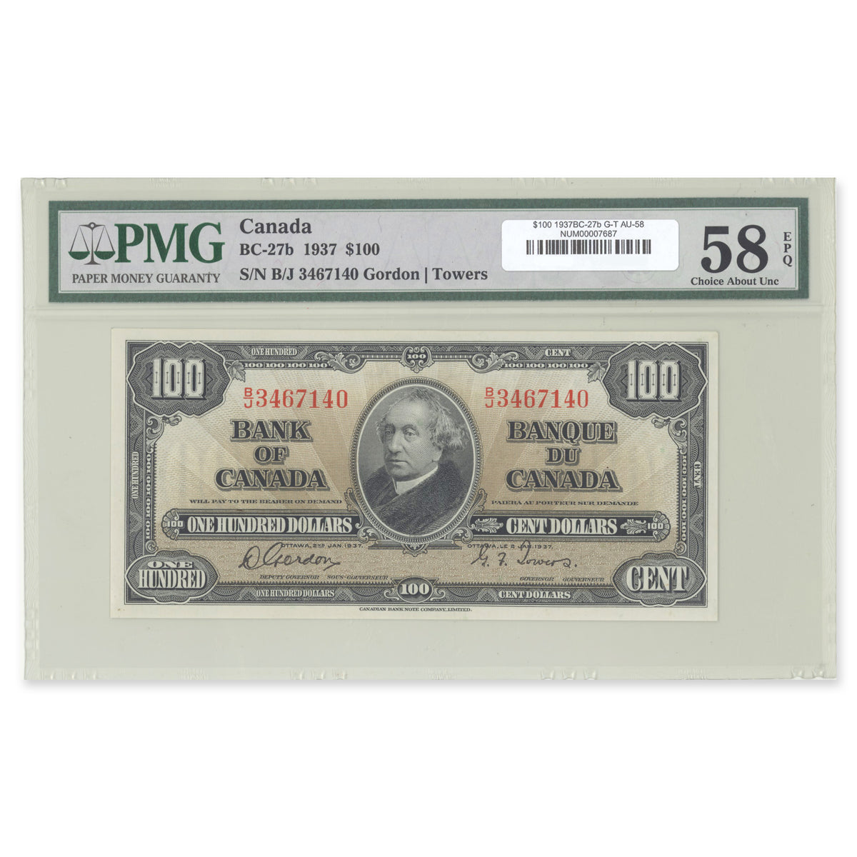 $100 1937 BC-27b Gordon-Towers Prefix B/J PMG AU-58