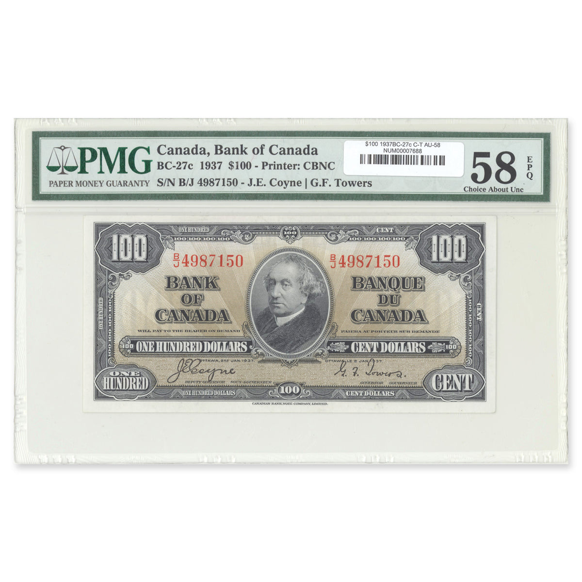 $100 1937 BC-27c Coyne-Towers Prefix B/J PMG AU-58