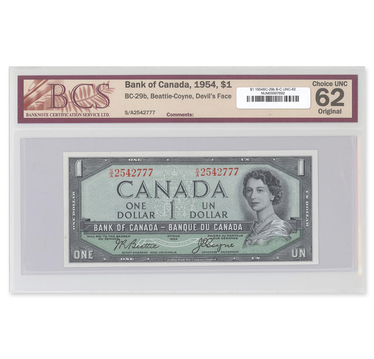 $1 1954 Devil's Face Series BC-29b Beattie-Coyne Prefix S/A BCS UNC-62